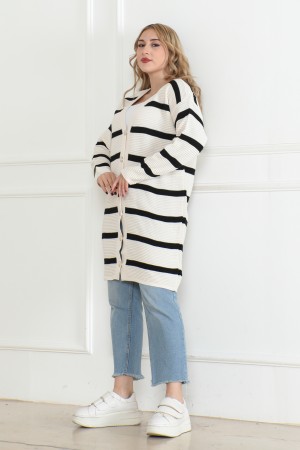 Çizgili Düğmeli Triko Hırka Taş Rengi 1019