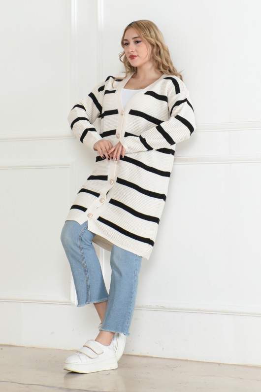 Çizgili Düğmeli Triko Hırka Taş Rengi 1019