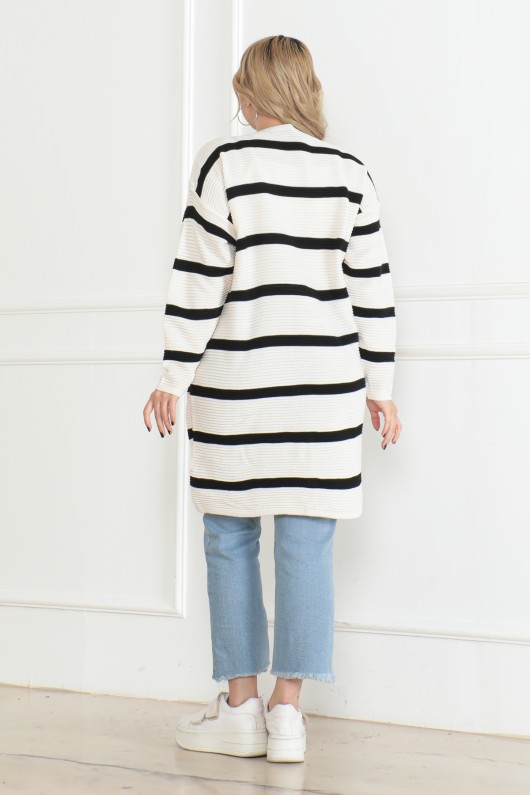 Çizgili Düğmeli Triko Hırka Taş Rengi 1019