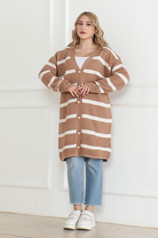 Çizgili Düğmeli Triko Hırka Vizon 1019 Çizgili Düğmeli Triko Hırka Vizon 1019