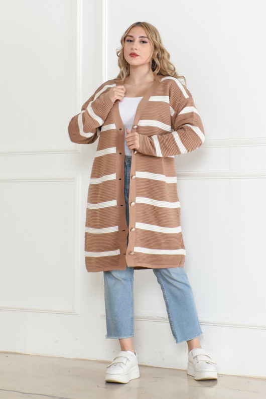 Çizgili Düğmeli Triko Hırka Vizon 1019 Çizgili Düğmeli Triko Hırka Vizon 1019