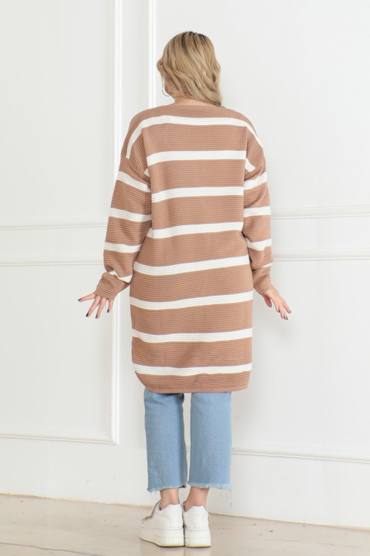 Çizgili Düğmeli Triko Hırka Vizon 1019 Çizgili Düğmeli Triko Hırka Vizon 1019