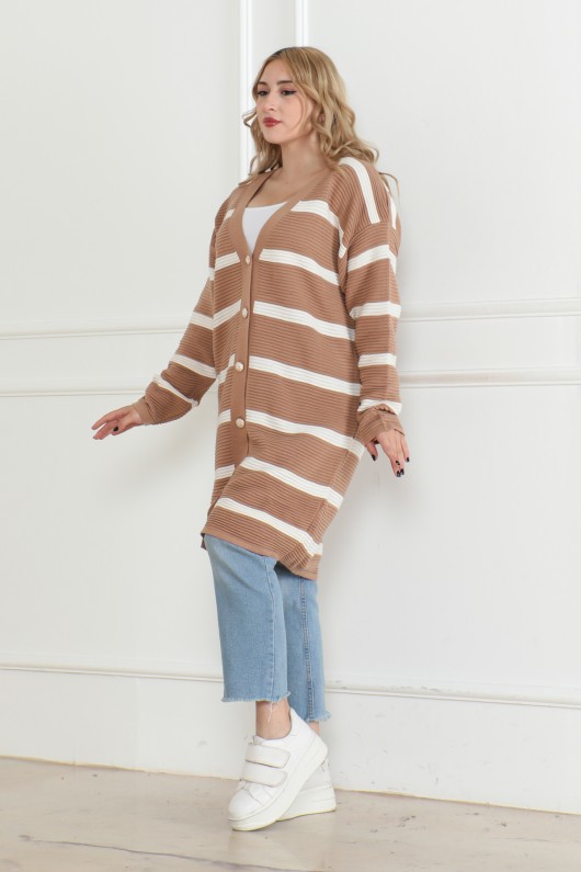 Çizgili Düğmeli Triko Hırka Vizon 1019 Çizgili Düğmeli Triko Hırka Vizon 1019