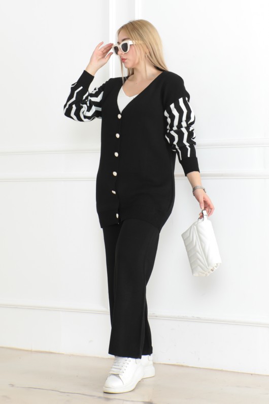 Kolu Detaylı Desen Triko Takım Siyah 1021