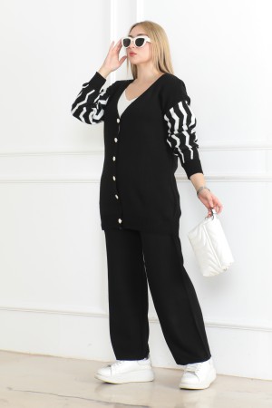 Kolu Detaylı Desen Triko Takım Siyah 1021