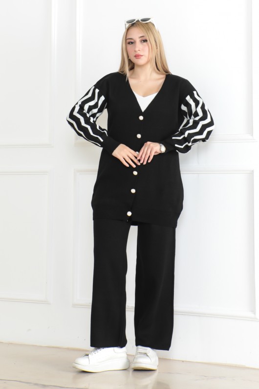 Kolu Detaylı Desen Triko Takım Siyah 1021