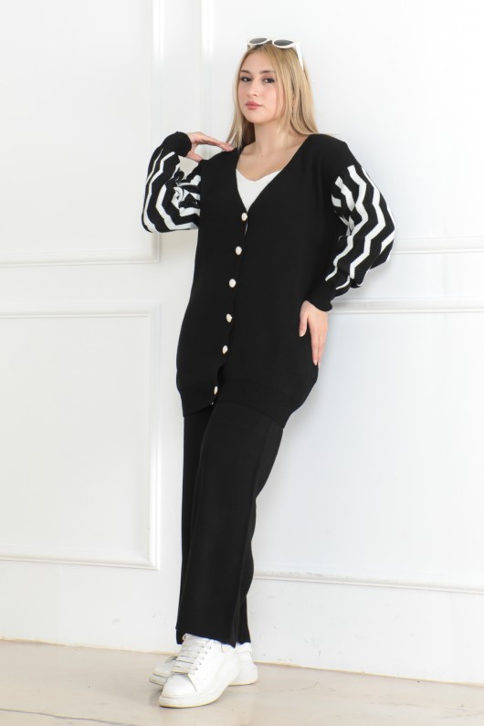 Kolu Detaylı Desen Triko Takım Siyah 1021