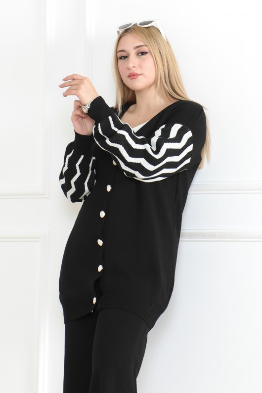 Kolu Detaylı Desen Triko Takım Siyah 1021