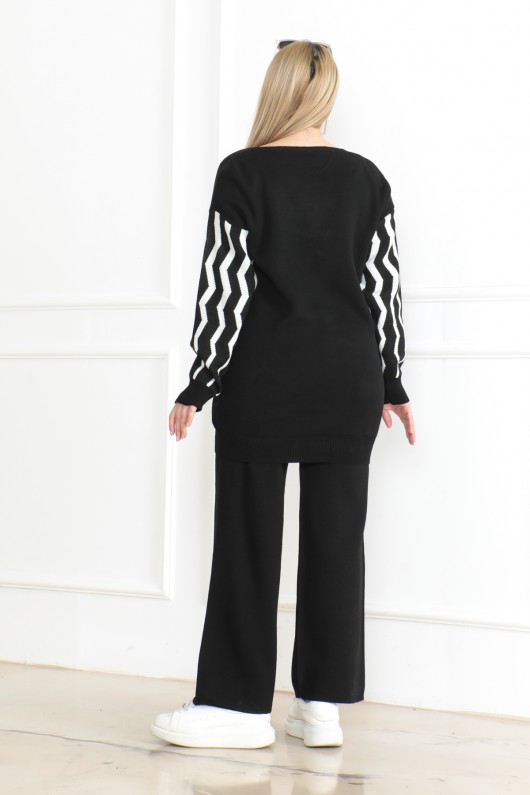 Kolu Detaylı Desen Triko Takım Siyah 1021