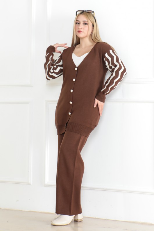 Kolu Detaylı Desen Triko Takım Kahverengi 1021