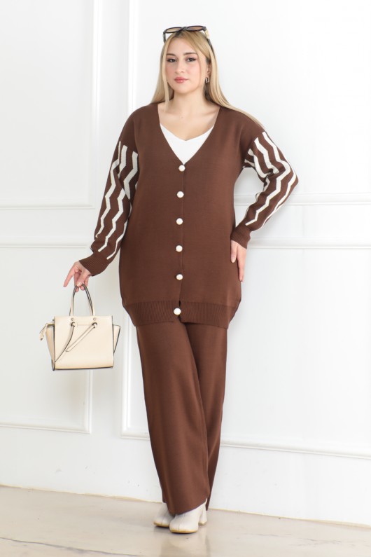 Kolu Detaylı Desen Triko Takım Kahverengi 1021
