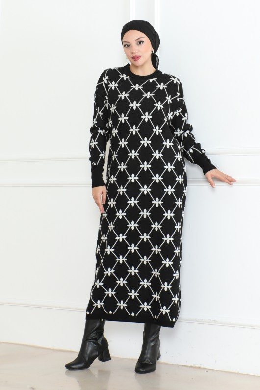 Çiçek Detaylı Desen Triko Elbise Siyah 1024 Çiçek Detaylı Desen Triko Elbise Siyah 1024