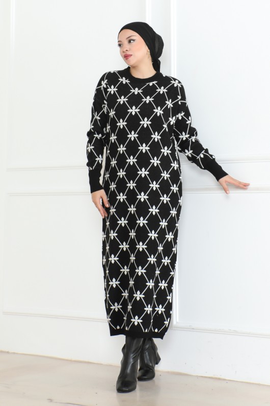 Çiçek Detaylı Desen Triko Elbise Siyah 1024 Çiçek Detaylı Desen Triko Elbise Siyah 1024