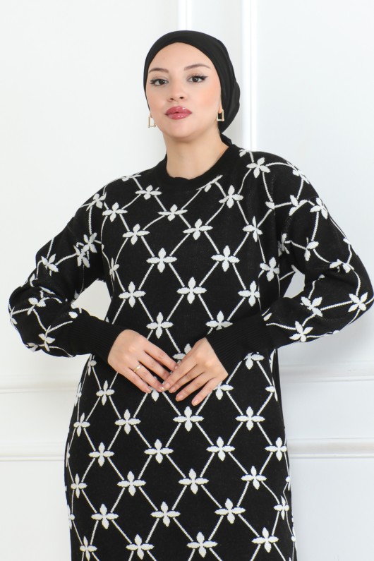 Çiçek Detaylı Desen Triko Elbise Siyah 1024 Çiçek Detaylı Desen Triko Elbise Siyah 1024