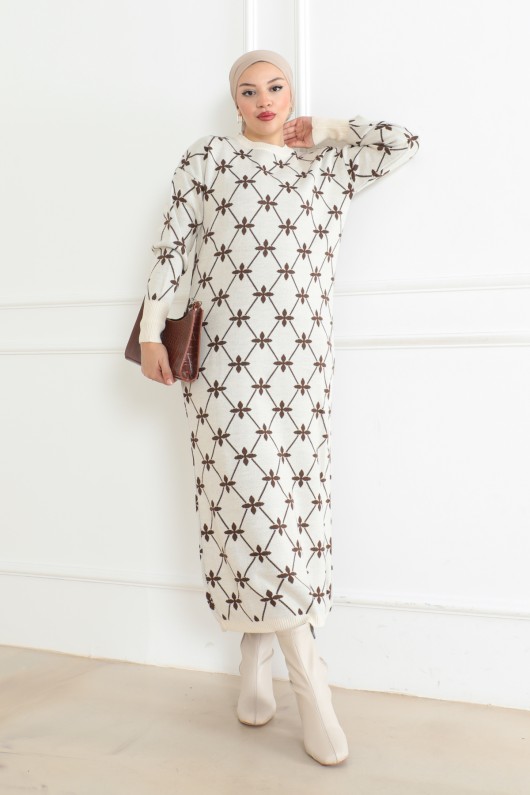 Çiçek Detaylı Desen Triko Elbise Taş Rengi 1024