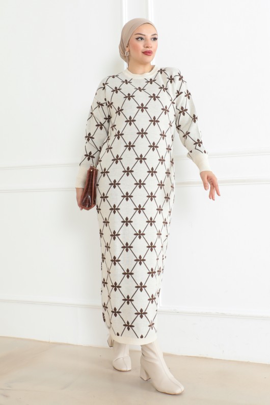 Çiçek Detaylı Desen Triko Elbise Taş Rengi 1024