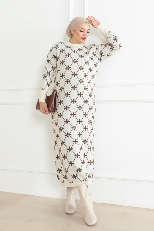 Çiçek Detaylı Desen Triko Elbise Taş Rengi 1024