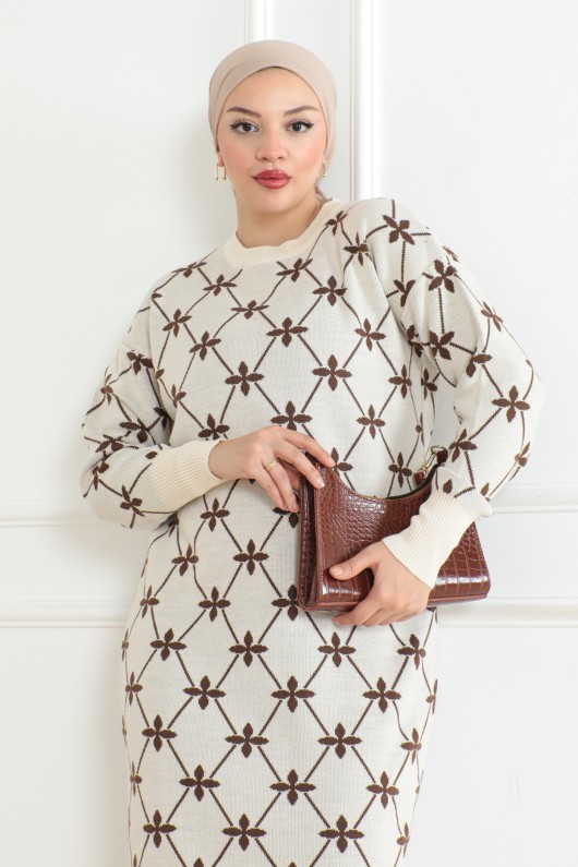 Çiçek Detaylı Desen Triko Elbise Taş Rengi 1024