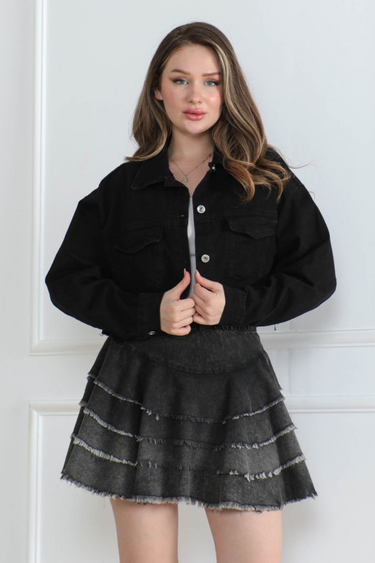 Kadın Crop Lazer Kesim Kot Ceket Siyah 2002