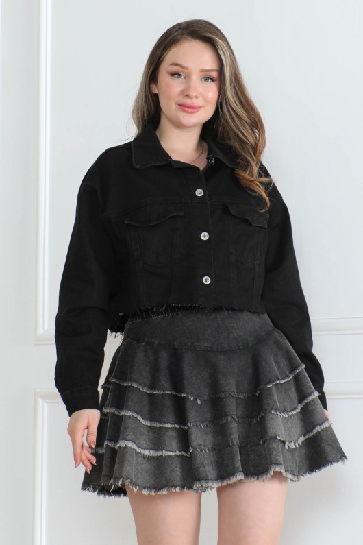 Kadın Crop Lazer Kesim Kot Ceket Siyah 2002