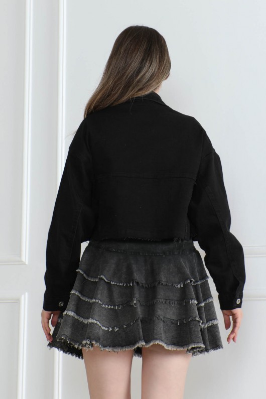 Kadın Crop Lazer Kesim Kot Ceket Siyah 2002