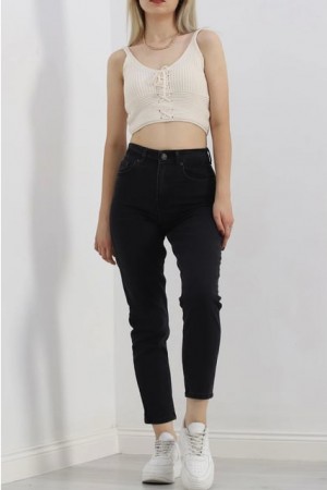 Kadın Kot Mom Jeans Pantalon Siyah 2006