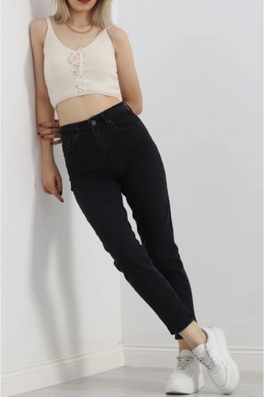Kadın Kot Mom Jeans Pantalon Siyah 2006