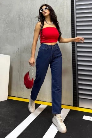 Kadın Kot Mom Jeans Pantalon Koyu Mavi 2006