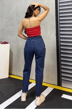 Kadın Kot Mom Jeans Pantalon Koyu Mavi 2006