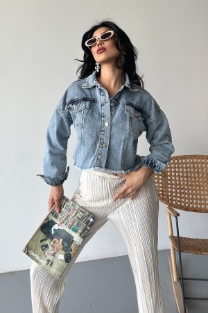 Kadın Çift Kapaklı Lazer Kesim Crop Kot Ceket Buz Mavi 4501