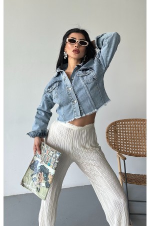 Kadın Çift Kapaklı Lazer Kesim Crop Kot Ceket Buz Mavi 4501
