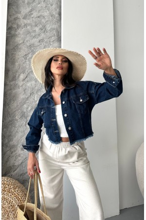 Kadın Çift Kapaklı Lazer Kesim Crop Kot Ceket Koyu Mavi 4501