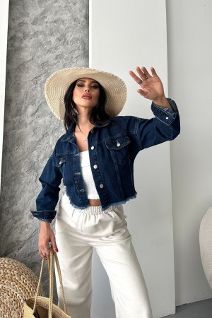 Kadın Çift Kapaklı Lazer Kesim Crop Kot Ceket Koyu Mavi 4501