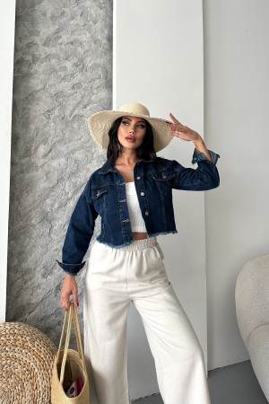 Kadın Çift Kapaklı Lazer Kesim Crop Kot Ceket Koyu Mavi 4501