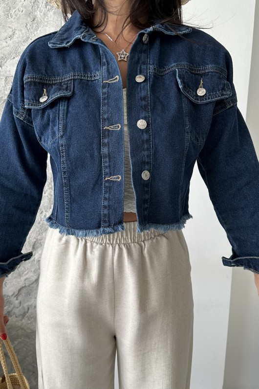 Kadın Çift Kapaklı Lazer Kesim Crop Kot Ceket Koyu Mavi 4501