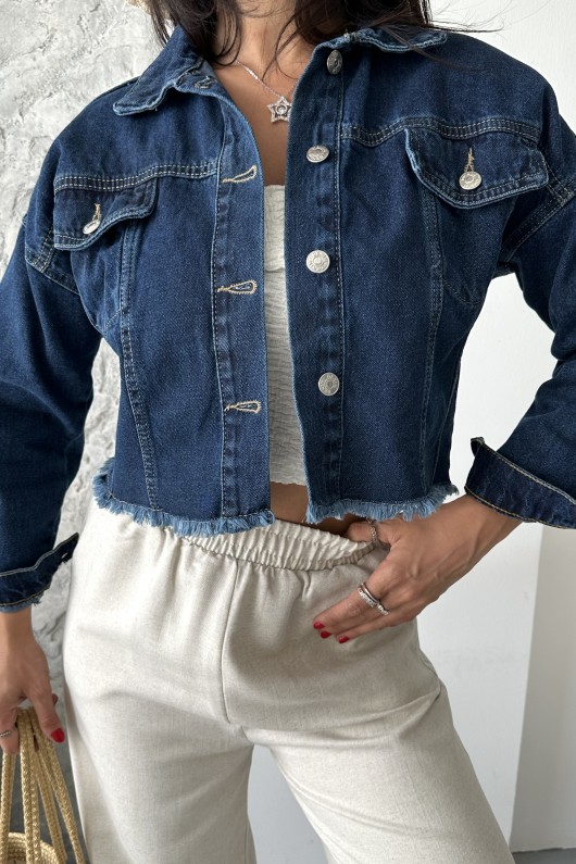 Kadın Çift Kapaklı Lazer Kesim Crop Kot Ceket Koyu Mavi 4501