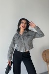 Kadın Çift Kapaklı Lazer Kesim Crop Kot Ceket Füme 4501