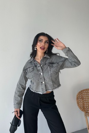 Kadın Çift Kapaklı Lazer Kesim Crop Kot Ceket Füme 4501