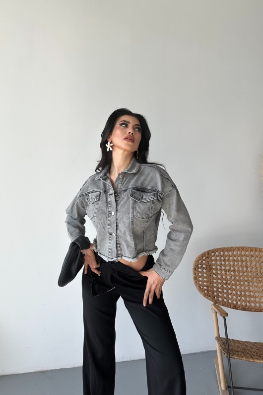 Kadın Çift Kapaklı Lazer Kesim Crop Kot Ceket Füme 4501