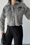 Kadın Çift Kapaklı Lazer Kesim Crop Kot Ceket Füme 4501