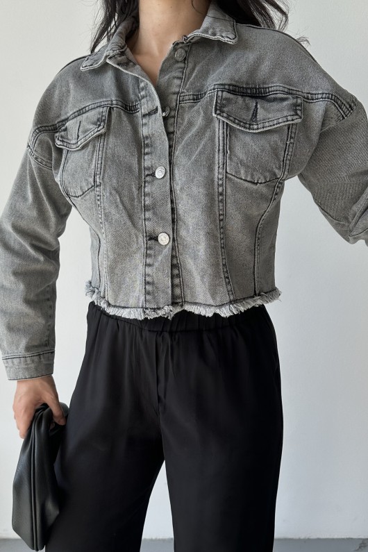 Kadın Çift Kapaklı Lazer Kesim Crop Kot Ceket Füme 4501