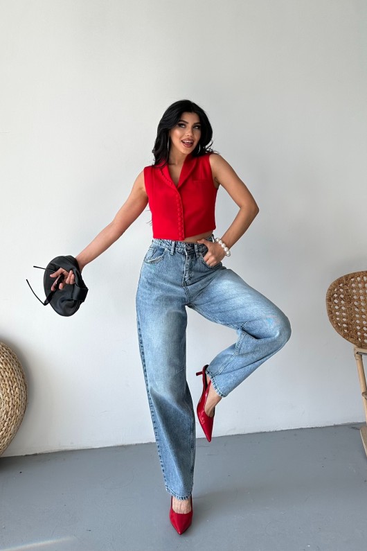 Kadın Kemer Tokalı Baggy Jean Pantolon Efektli Mavi 4003