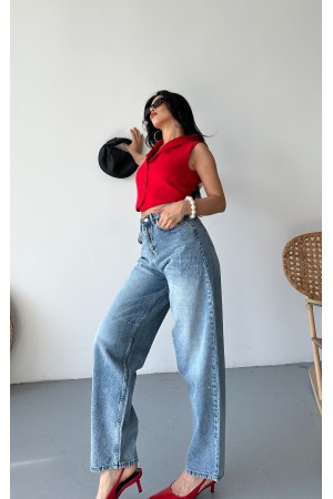 Kadın Kemer Tokalı Baggy Jean Pantolon Efektli Mavi 4003