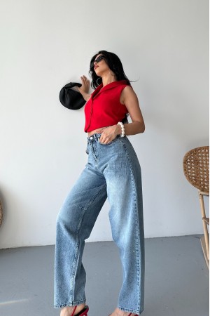 Kadın Kemer Tokalı Baggy Jean Pantolon Efektli Mavi 4003