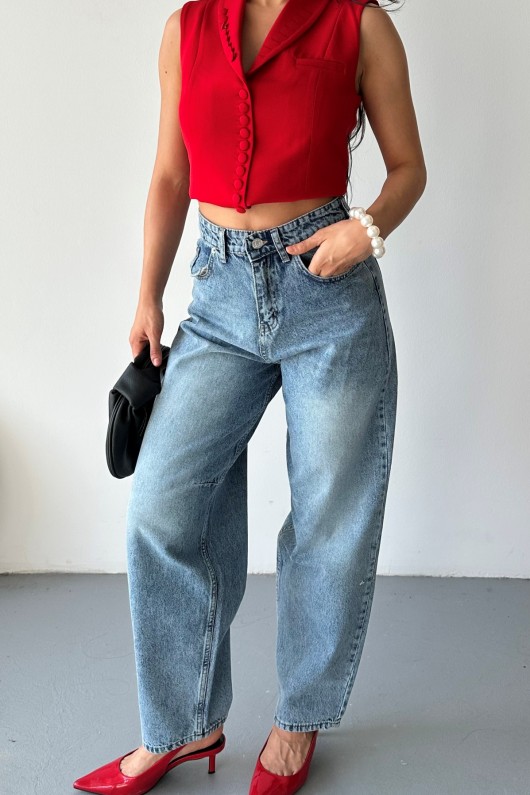 Kadın Kemer Tokalı Baggy Jean Pantolon Efektli Mavi 4003