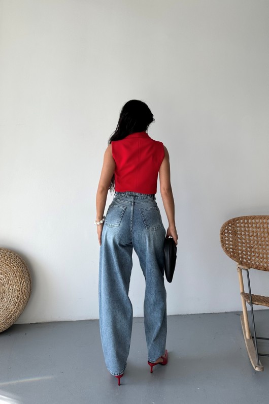 Kadın Kemer Tokalı Baggy Jean Pantolon Efektli Mavi 4003