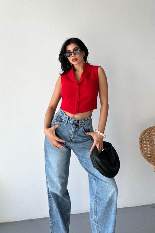 Kadın Kemer Tokalı Baggy Jean Pantolon Efektli Mavi 4003