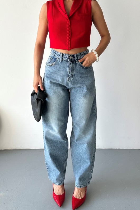 Kadın Kemer Tokalı Baggy Jean Pantolon Efektli Mavi 4003