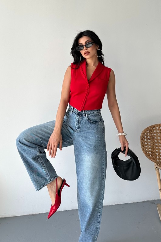 Kadın Kemer Tokalı Baggy Jean Pantolon Efektli Mavi 4003