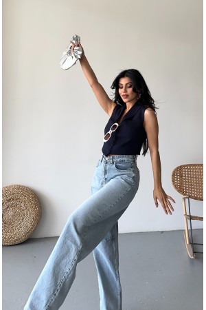 Kadın Kemer Tokalı Baggy Jean Pantolon Efektli Buz Mavi 4003